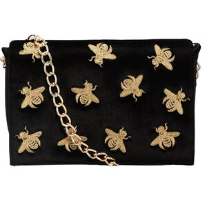 Boohoo Bumble Bee Embroidered Black Velvet Clutch Crossbody Bag Gold Bees Chain